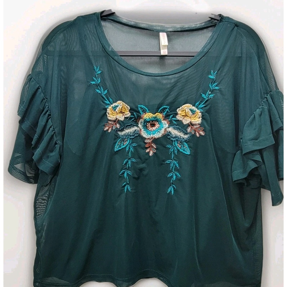 Xhilaration Fairy Forest Green Mesh Flutter Sleeves Embroidered Florals Crop Med